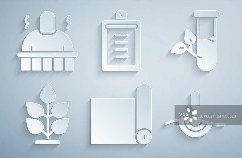 健身垫卷、实验室玻璃器皿和树叶图片素材