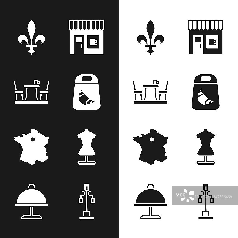 牛角包包装法式咖啡馆鸢尾花图标集图片素材