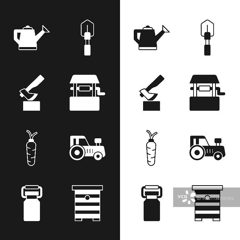 水井、木斧、水壶、铲子和胡萝卜图片素材