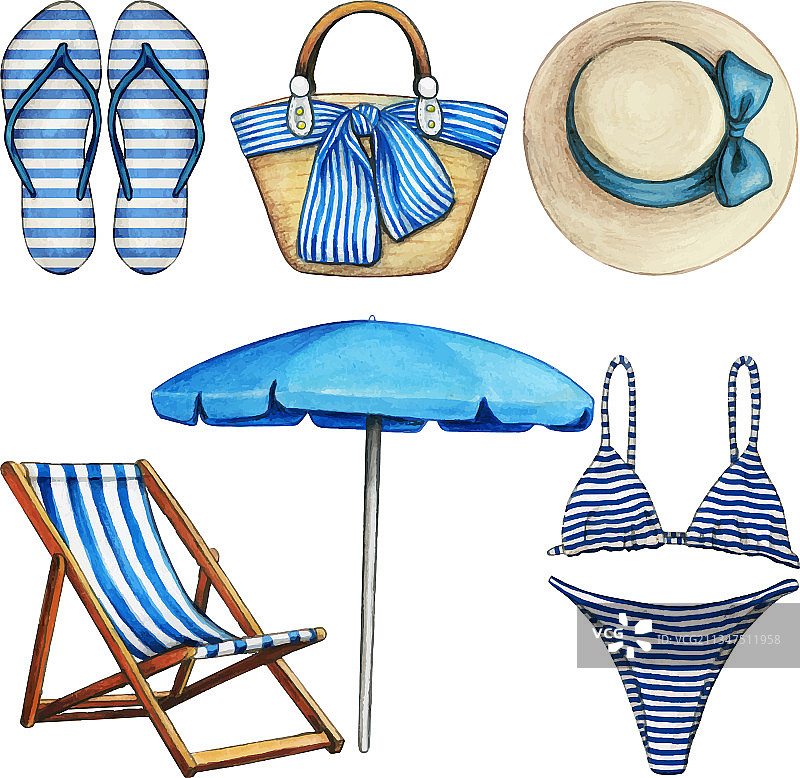 水彩蓝白色海滩元素图片素材