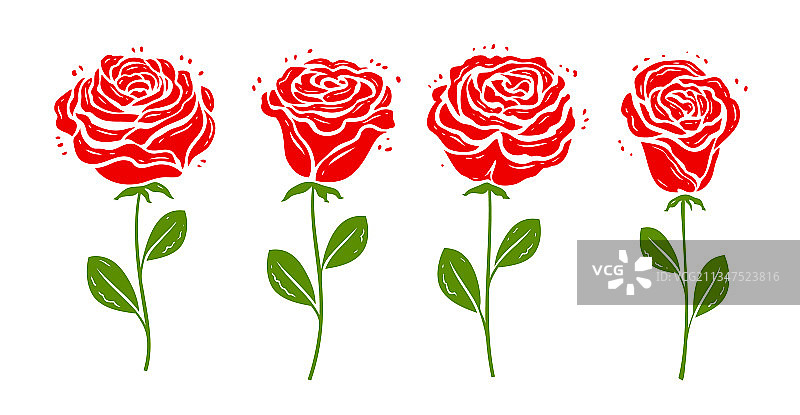 带叶子的红玫瑰装饰符号集图片素材
