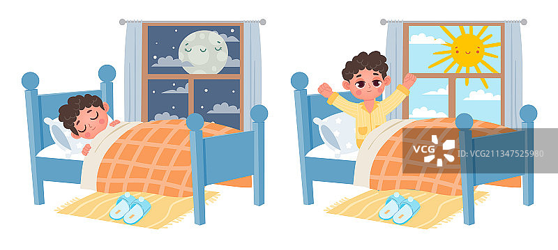 卡通儿童夜晚睡觉早晨醒来图片素材