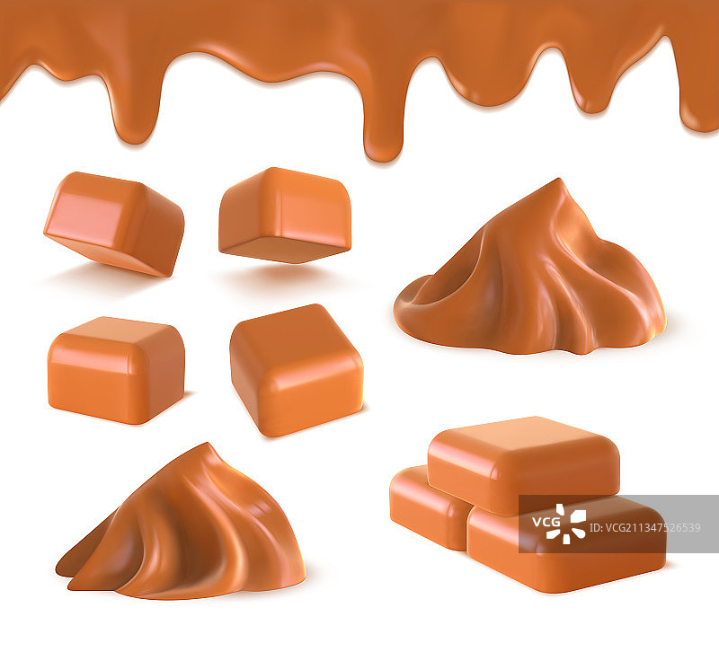 逼真的液体焦糖立方太妃糖图片素材
