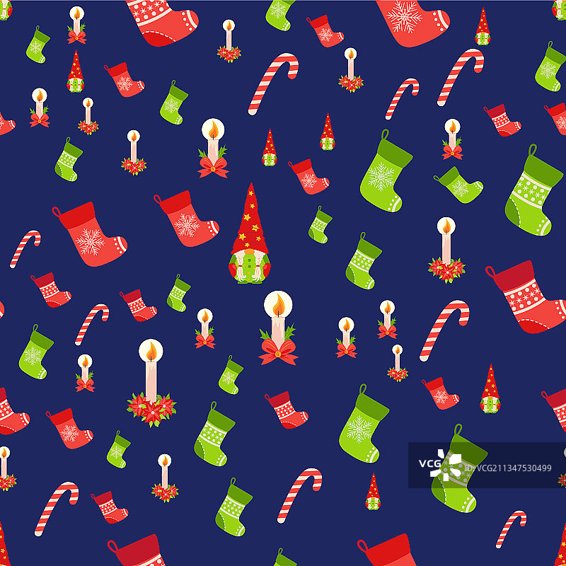 无缝圣诞图案与小矮人蜡烛图片素材
