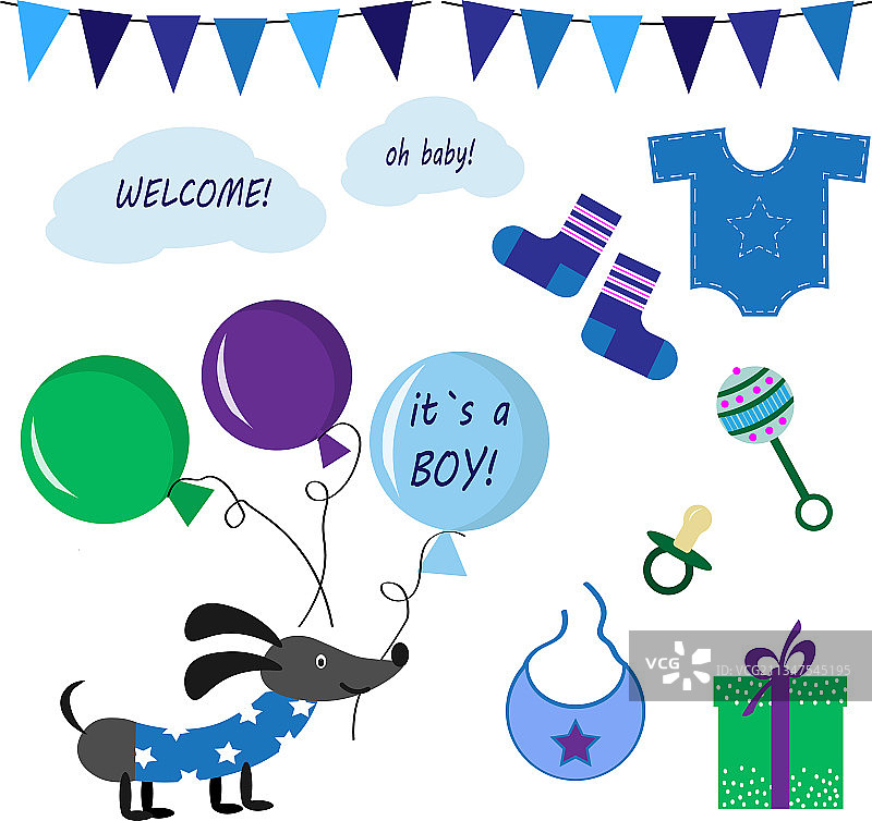 男婴套装 - 气球、衣服和玩具狗图片素材