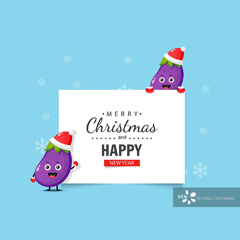 可爱的茄子吉祥物，庆祝圣诞节和新年图片素材