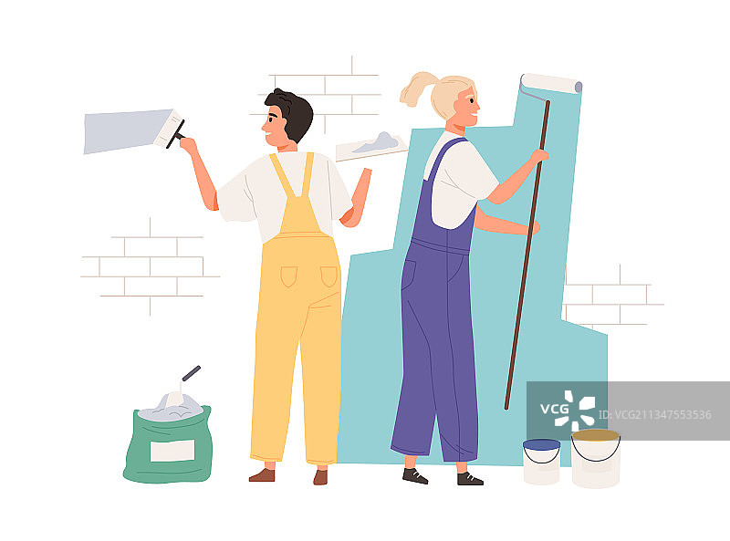 画家用滚筒和刷子给墙染色图片素材