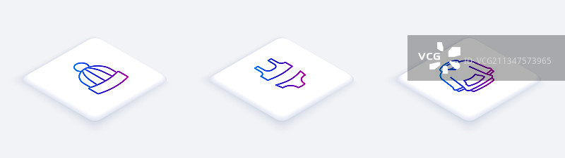 2.5D等距线稿：冬季帽子、泳衣和连帽衫图片素材