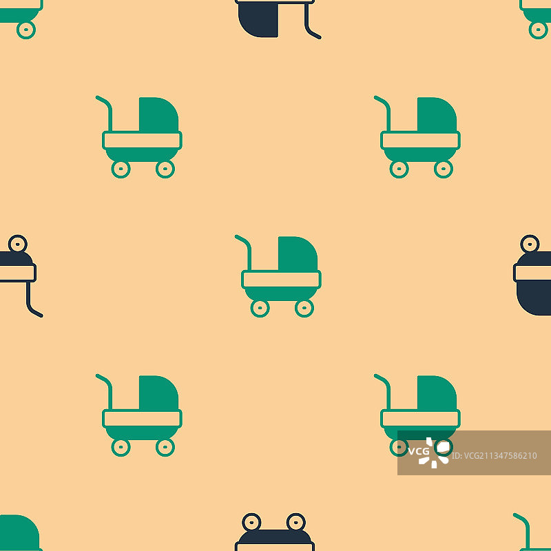 绿色黑色婴儿车图标，隔离图片素材