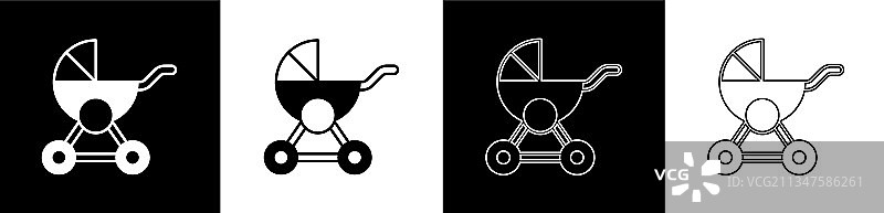 黑白背景的婴儿车图标套装图片素材