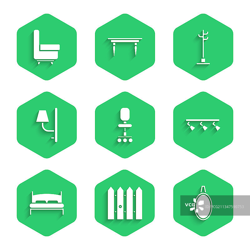 办公椅、花园栅栏、木制镜子、LED灯图片素材