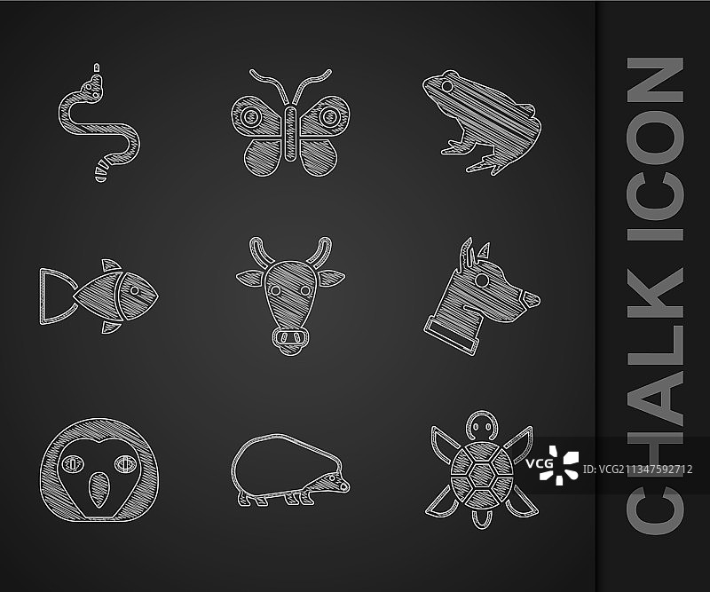 包含奶牛头、刺猬、乌龟、狗、猫头鹰和鸟的套餐图片素材