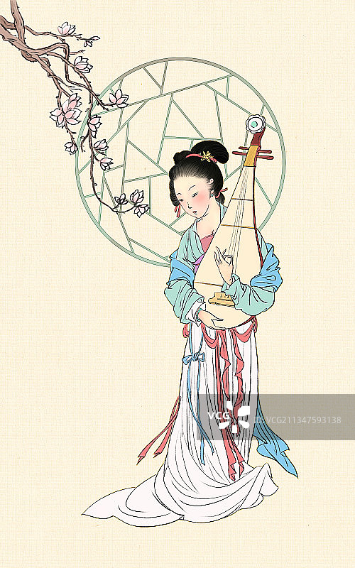 古代仕女怀抱琵琶观花图图片素材