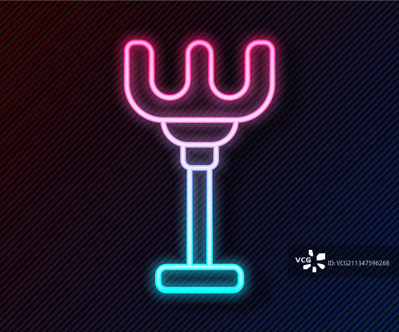 发光霓虹灯线条：黑色背景上的耙子玩具图标图片素材