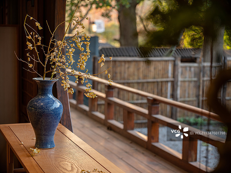 禅意，窗户，圆形，古琴，花瓶，窗外的风景图片素材