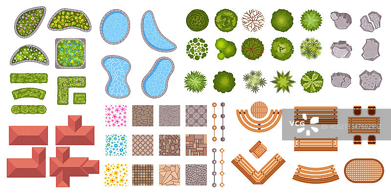 花园景观设计元素鸟瞰图图片素材