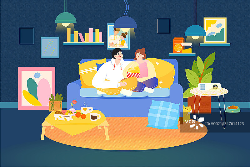 情侣晚上坐在沙发上看电影吃爆米花矢量插画图片素材
