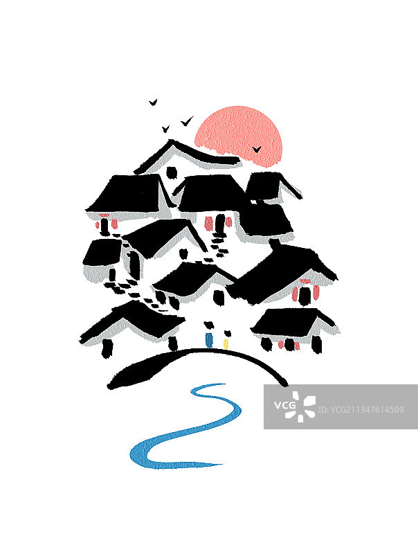 江南房子建筑小桥流水装饰风景画图片素材