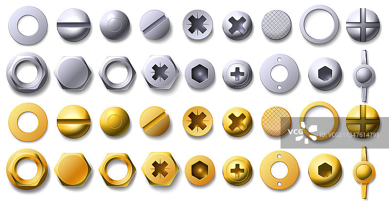 金色金属螺丝铆钉和螺栓头顶部图片素材