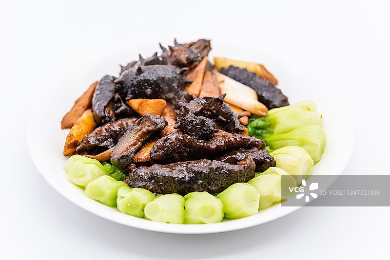 一盘油菜葱烧海参图片素材