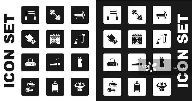 带杠铃、日历和健身智能设备的卧推凳组合图片素材