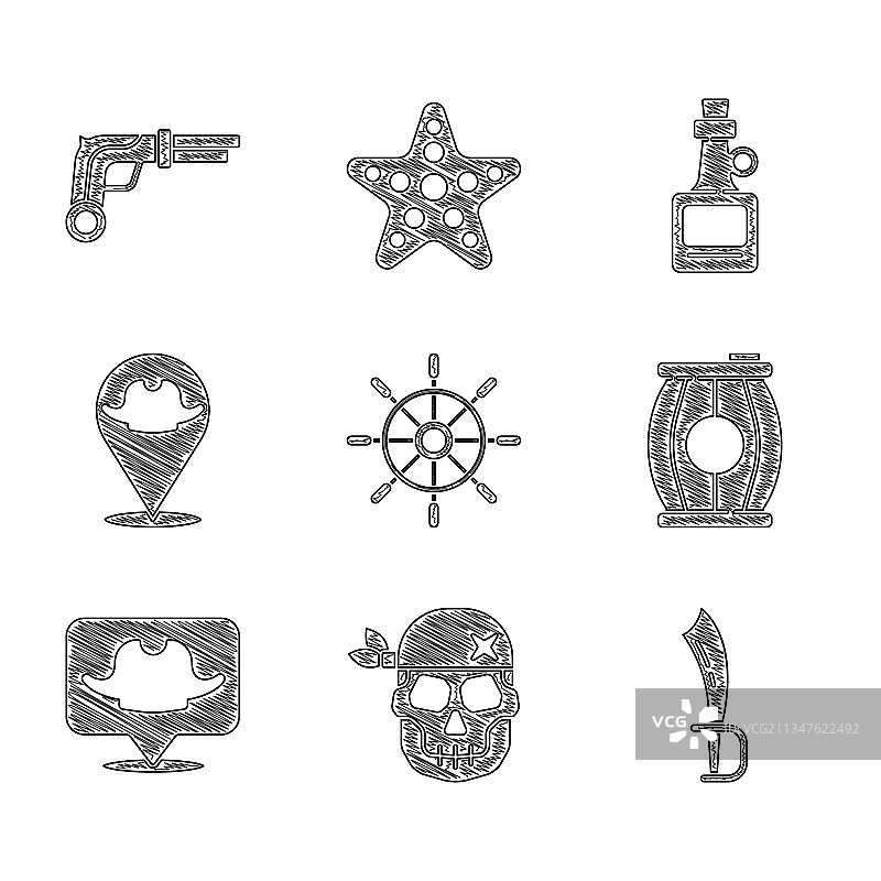 轮船方向盘、骷髅头、海盗剑和枪素材图片素材