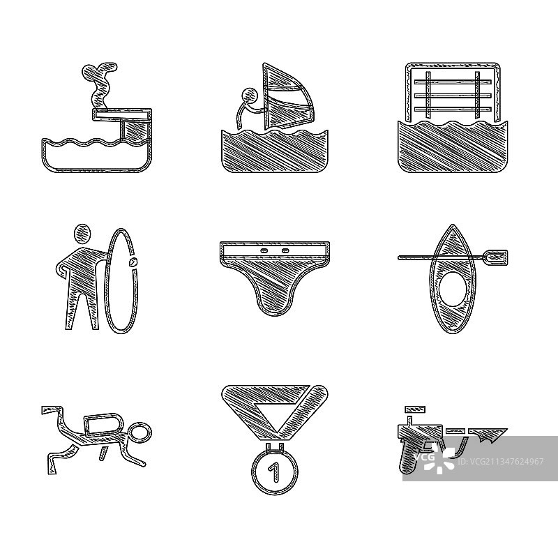 泳裤奖牌渔叉皮划艇组合图片素材