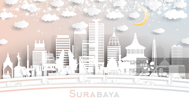 泗水印尼城市剪纸天际线图片素材