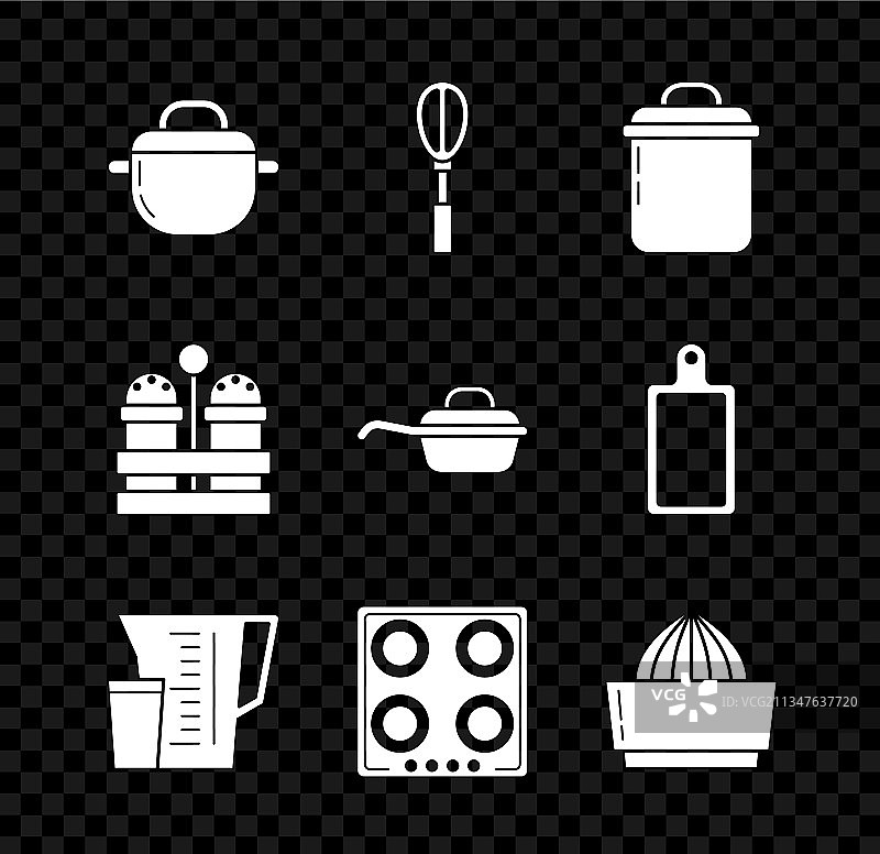 烹饪锅具套装：厨用打蛋器、量杯、燃气灶图片素材