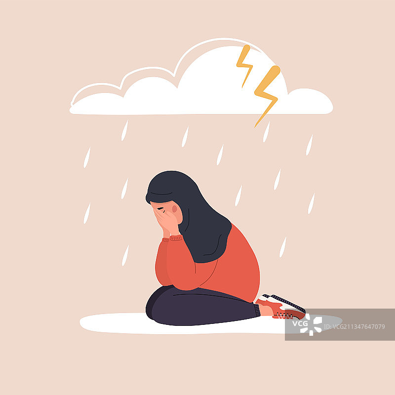 悲伤的阿拉伯妇女坐在雨云下图片素材