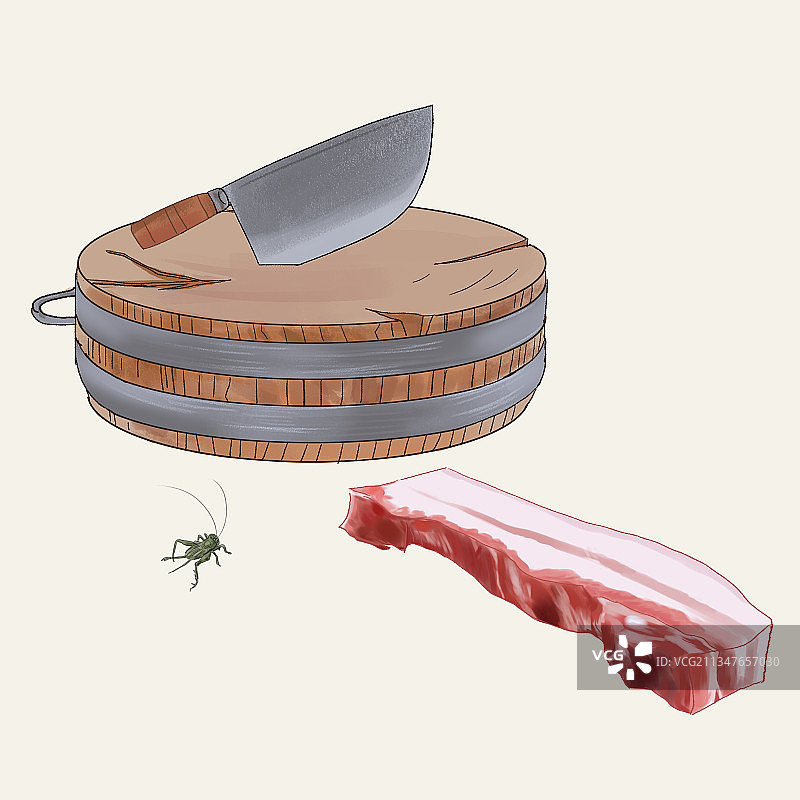 中国风菜市场砧板菜刀猪肉五花肉蟋蟀生活情趣味背景插画图片素材