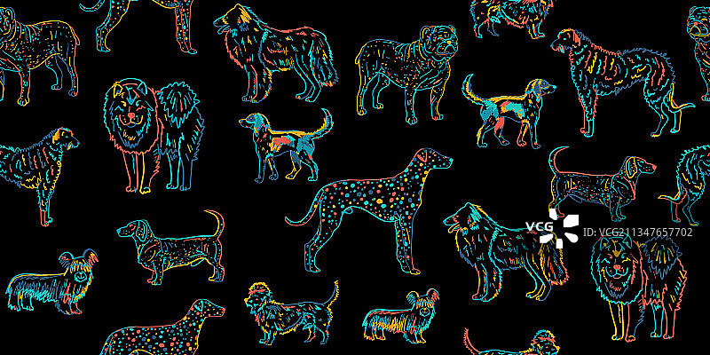 复古风格的狗品种合集无缝图案图片素材