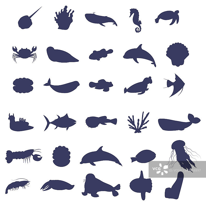 白色背景上的海洋动物剪影素材图片素材