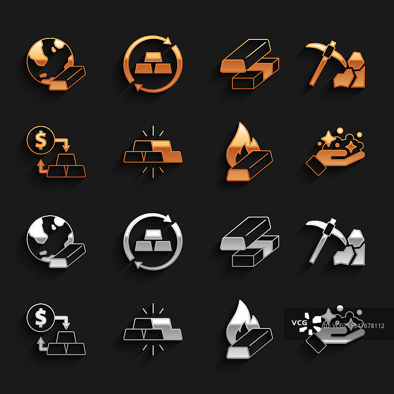 一组金条采矿、矿山、熔融黄金图片素材