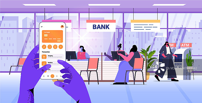 在手机银行App上使用信用卡的手图片素材
