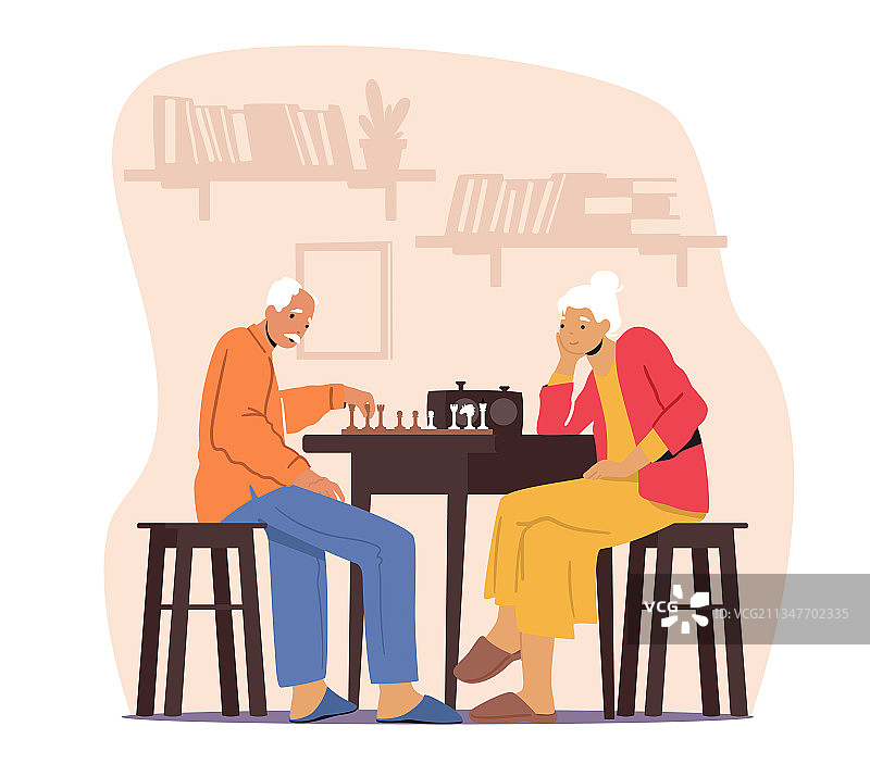 养老院老年夫妇下棋放松图片素材
