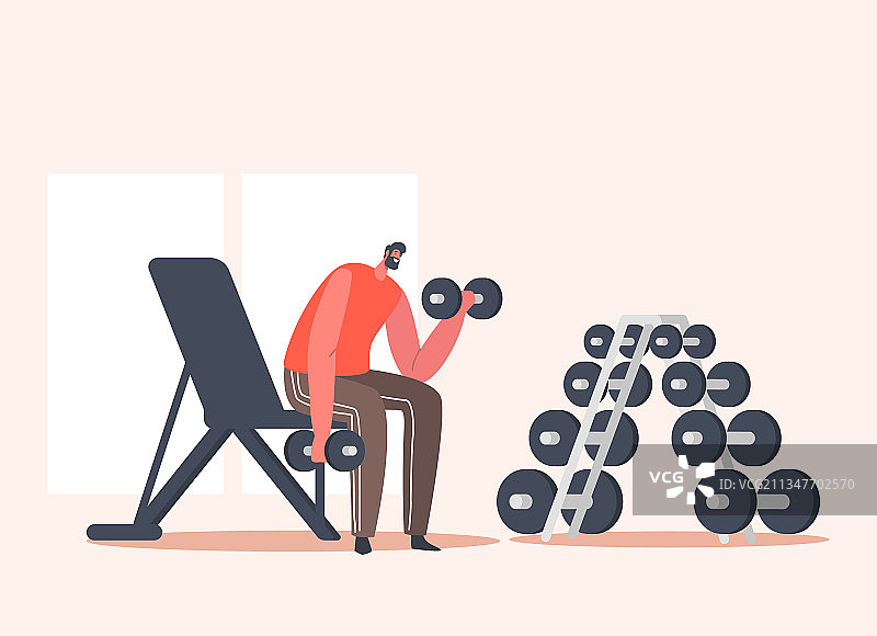 快乐的男人在健身房用哑铃训练图片素材