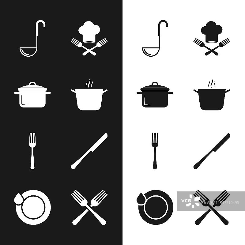 烹饪锅、厨房勺、厨师帽和叉子套装图片素材