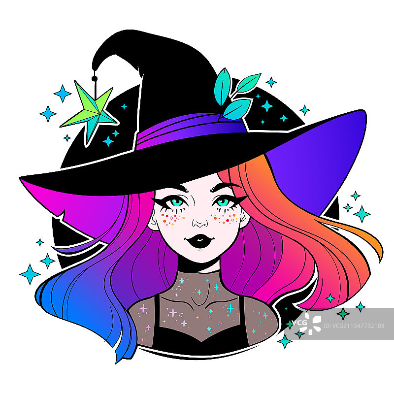拥有美丽彩虹色头发的可爱年轻女巫图片素材