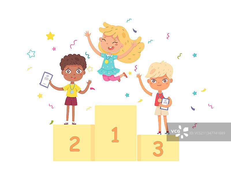 比赛后站在领奖台上的快乐儿童图片素材