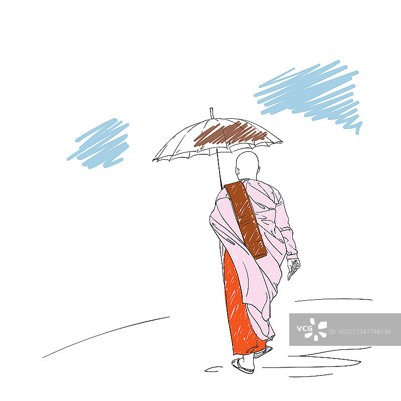 彩色素描：行走中的佛教尼姑图片素材