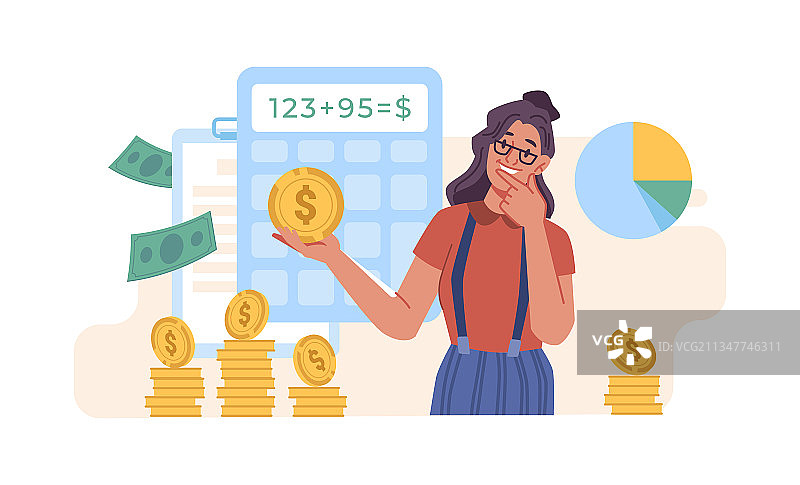 思考利润的女人与计算器图片素材