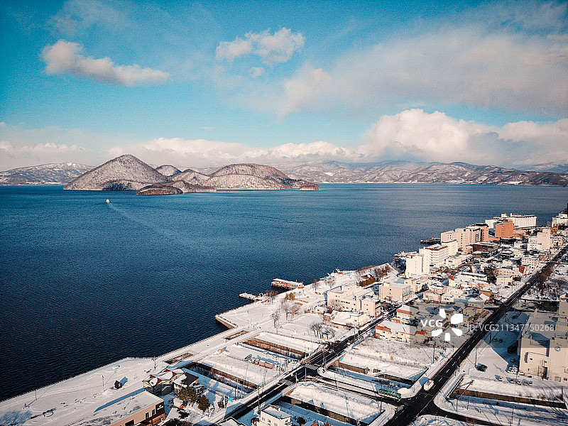 日本北海道洞爷湖湖光山色室兰航拍大疆dji俯拍雪地冬天冬季湖图片素材