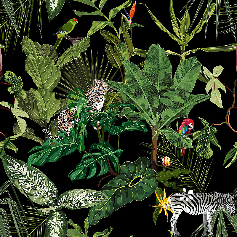 热带树木和动物无缝图案图片素材