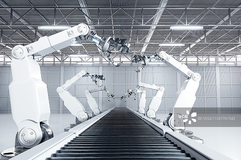 3D渲染的机械臂与工厂图片素材