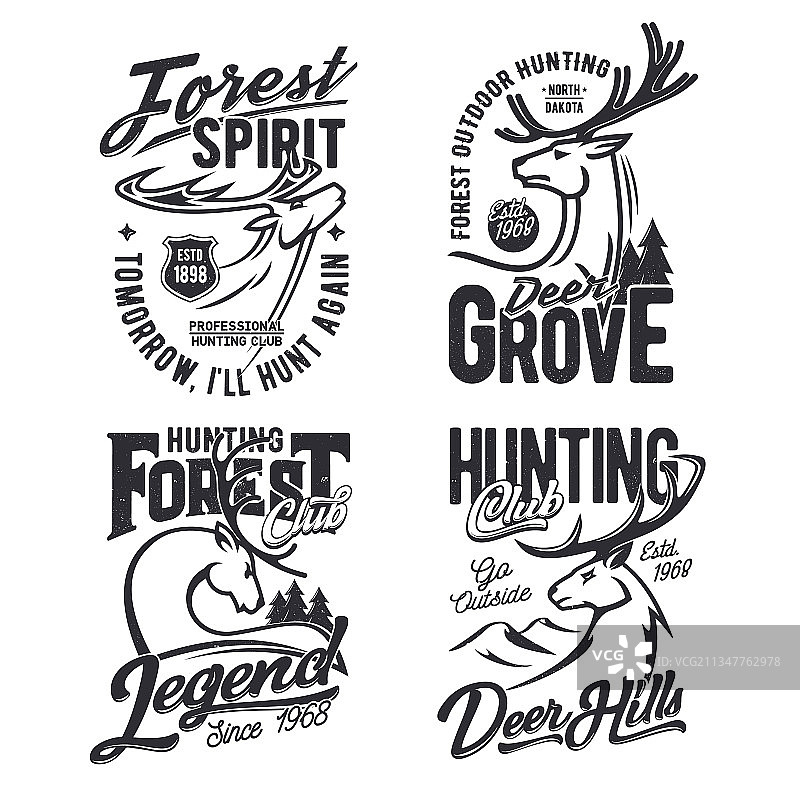 带鹿图案的森林狩猎俱乐部T恤印花图片素材