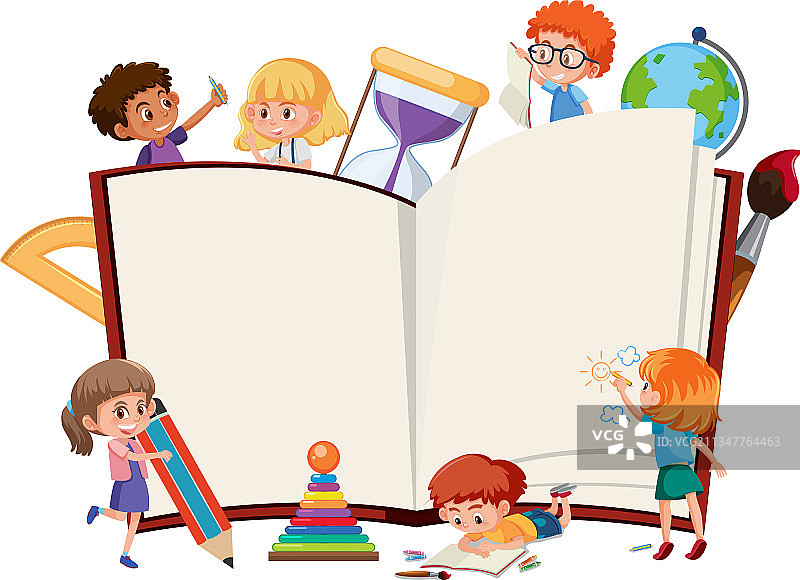 有学童和文具的空白打开的书图片素材