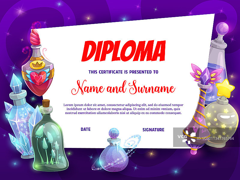 带有魔法药水的儿童教育文凭模板图片素材