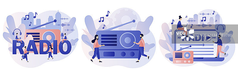 收音机直播节目与迷你听众图片素材