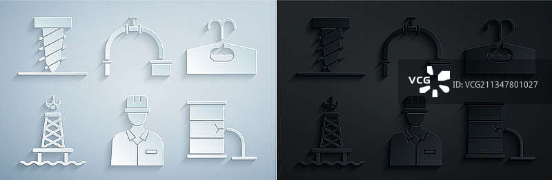 油田钻井平台与油桶火焰石油工人套装图片素材
